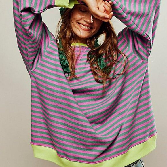 New! Free People Classic stripe pullover Sweatshirt Neon 2370 - Picture 2 of 12